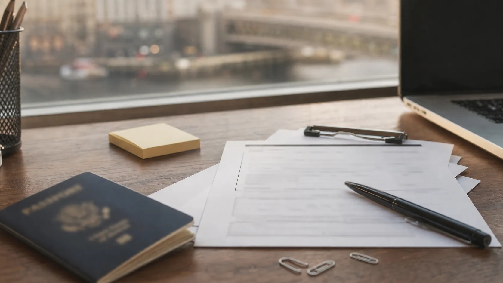 A desk with a passport, blank forms, notes and a pen arranged for immigration paperwork.
