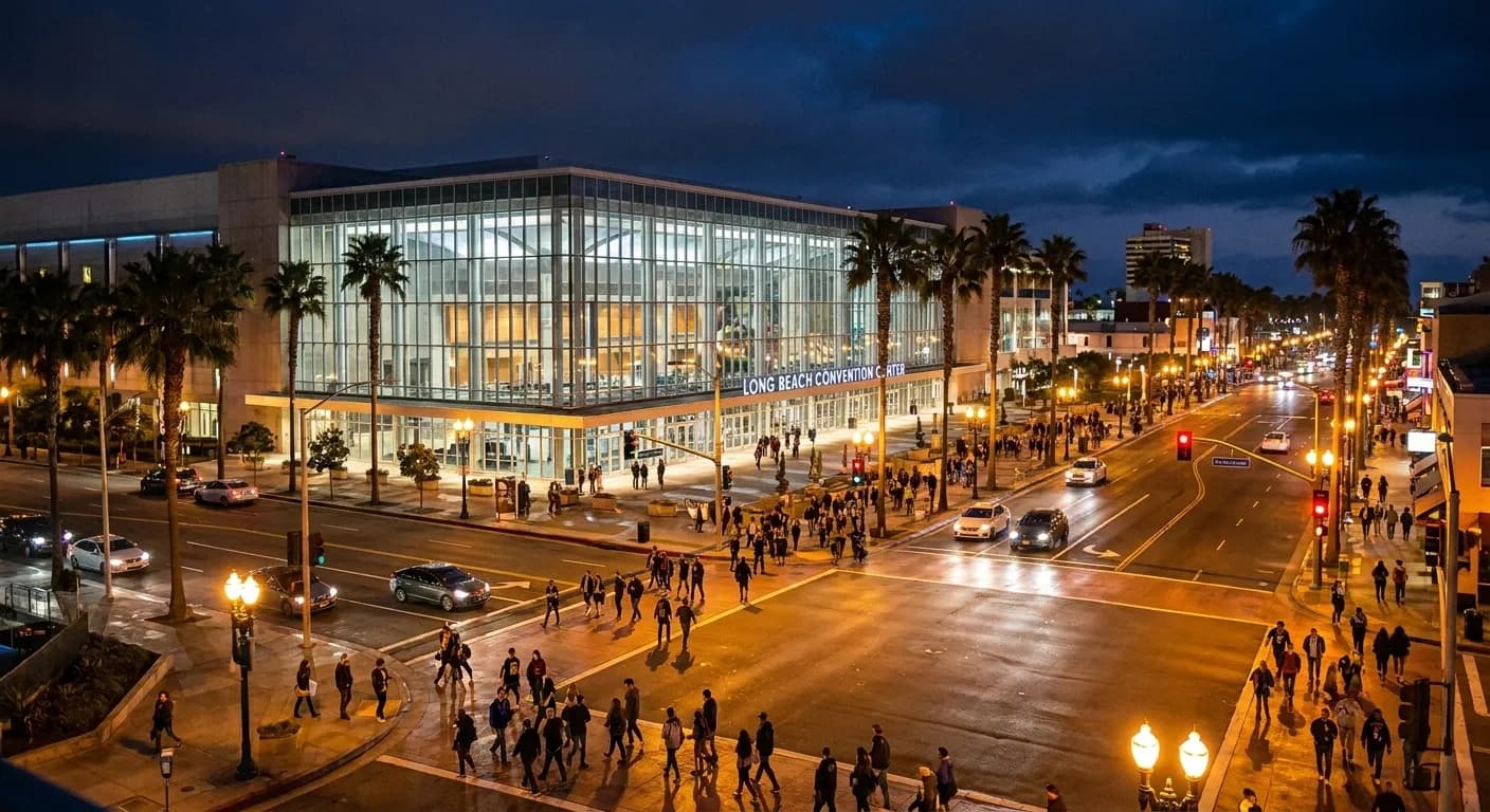 Long Beach Convention Center and Pike district at night with streetlights illuminating Pine Avenue and surrounding downtown area