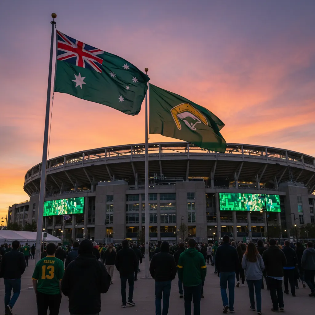 Green and gold Australian flags wave in front of a large stadium at sunset