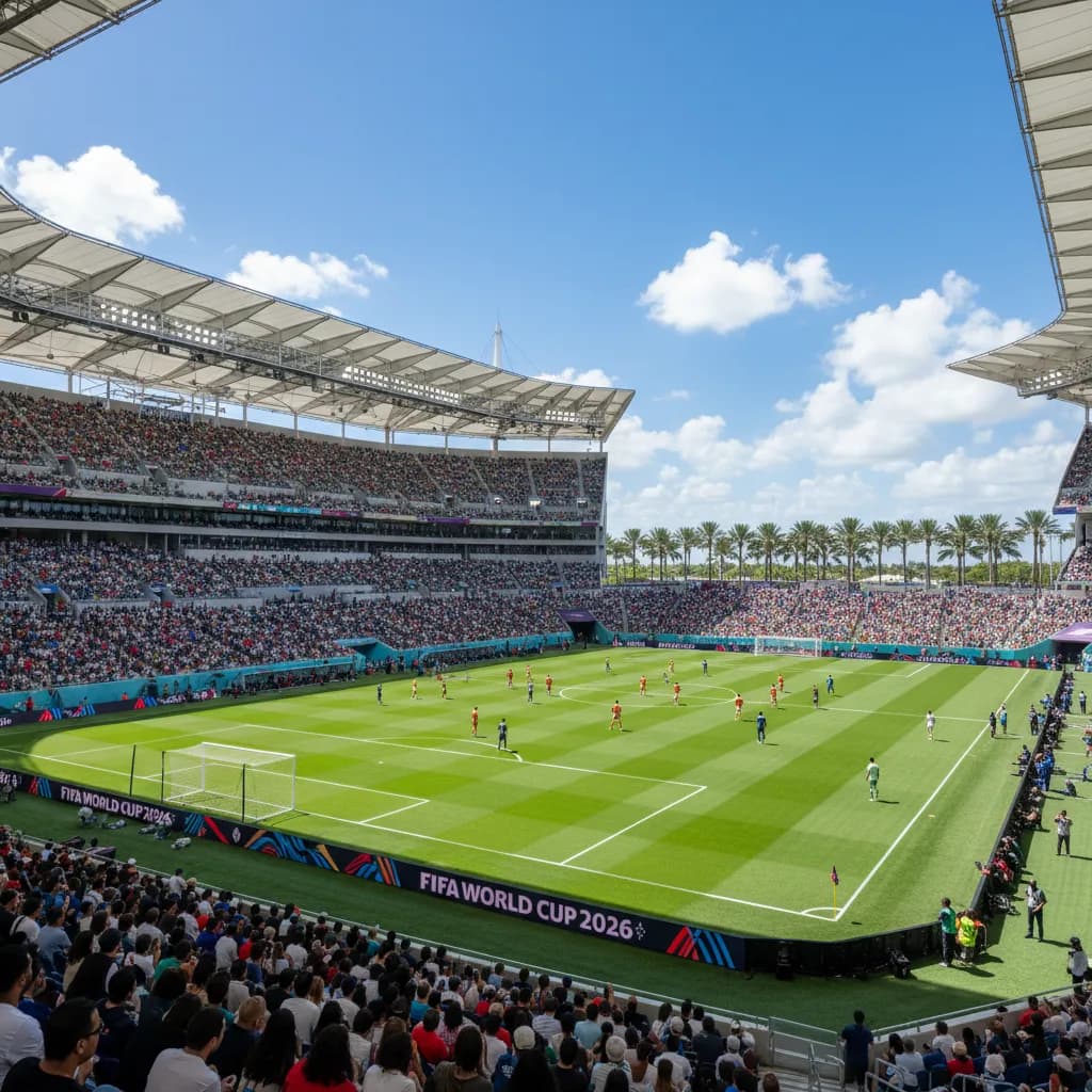 Hard Rock Stadium in Miami hosts a World Cup match under blue skies