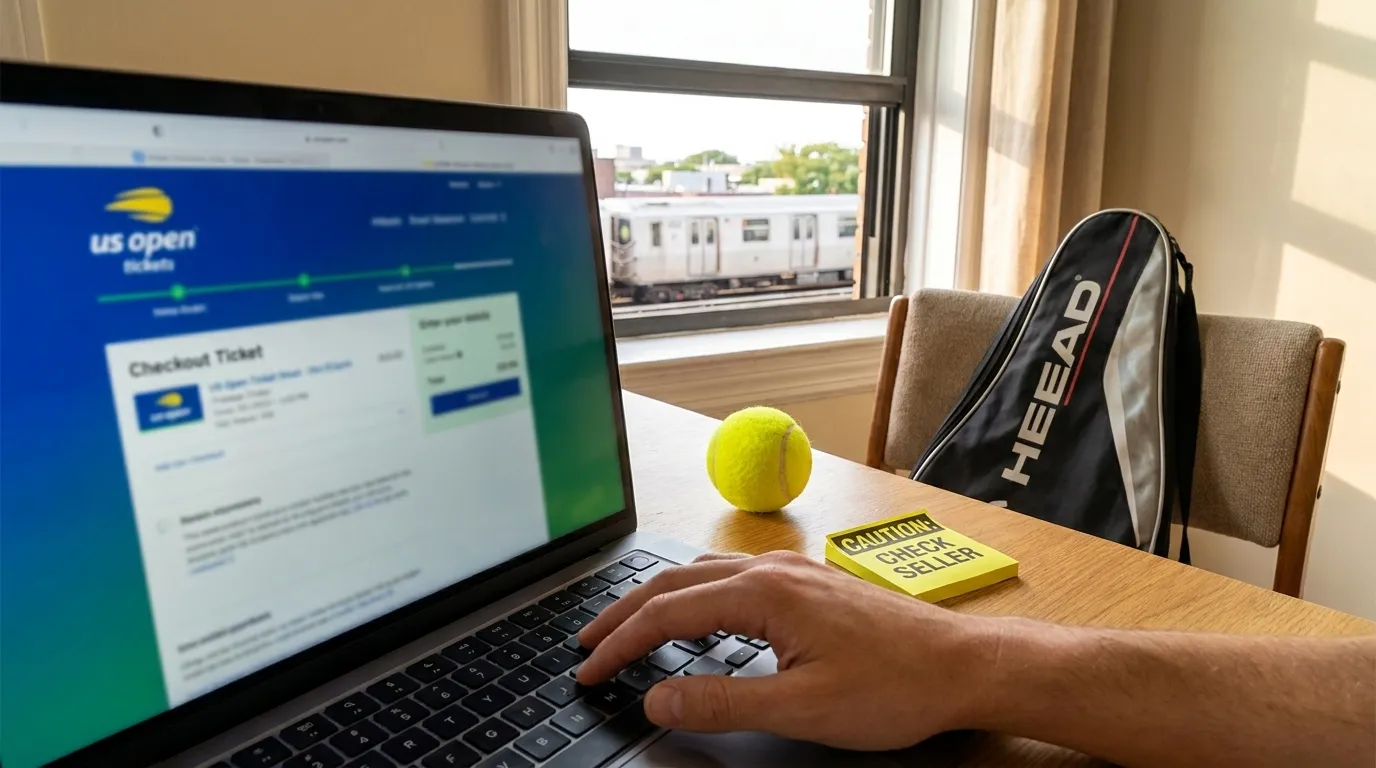 Bright editorial scene supporting Avoiding Ticket Resale Scams Before the US Open.