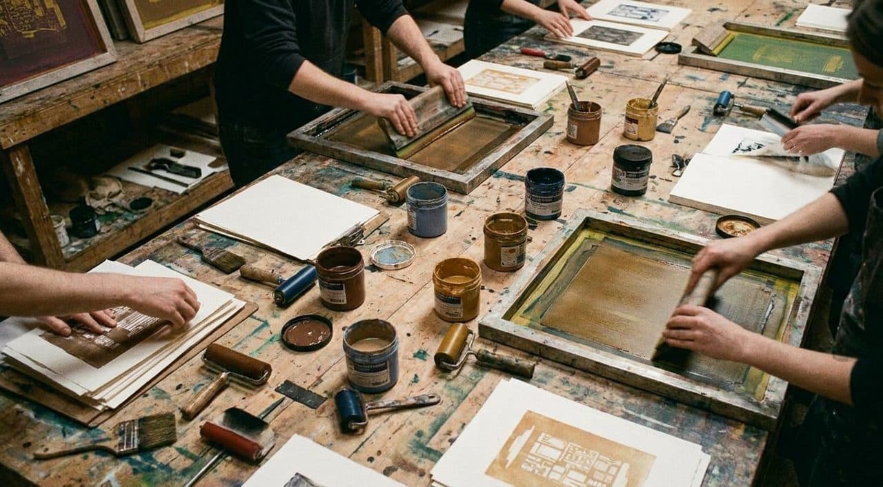 A Weeknight Open Screen-Printing Studio in Bushwick, Ink and Work Lights - scene