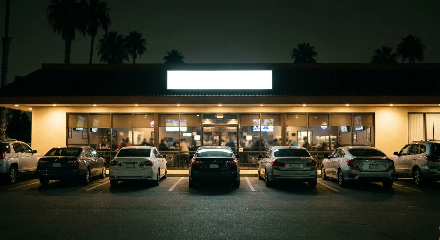 A low-slung Southern California sports bar frontage at night, lit windows, cars nosed into a parking bay in front