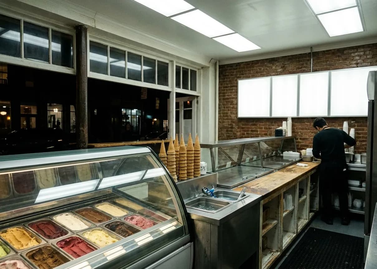 An ice cream counter at night, tubs behind curved glass, a bright menu board with blank panels above