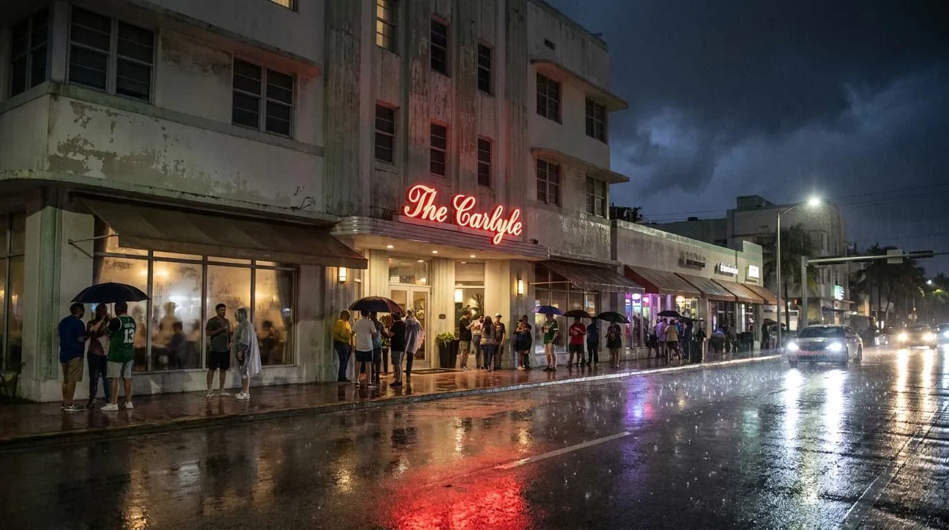 Realistic Miami scene for Miami's Rainy Weekend: Toluca vs LAFC and Social Gathering Backup Plans