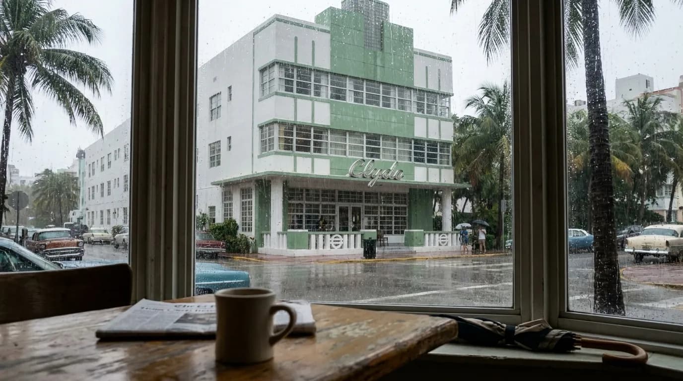 Realistic Miami scene for Miami Weekend Wonders: Navigating Rainy Dates with Kayla McBride Vibes
