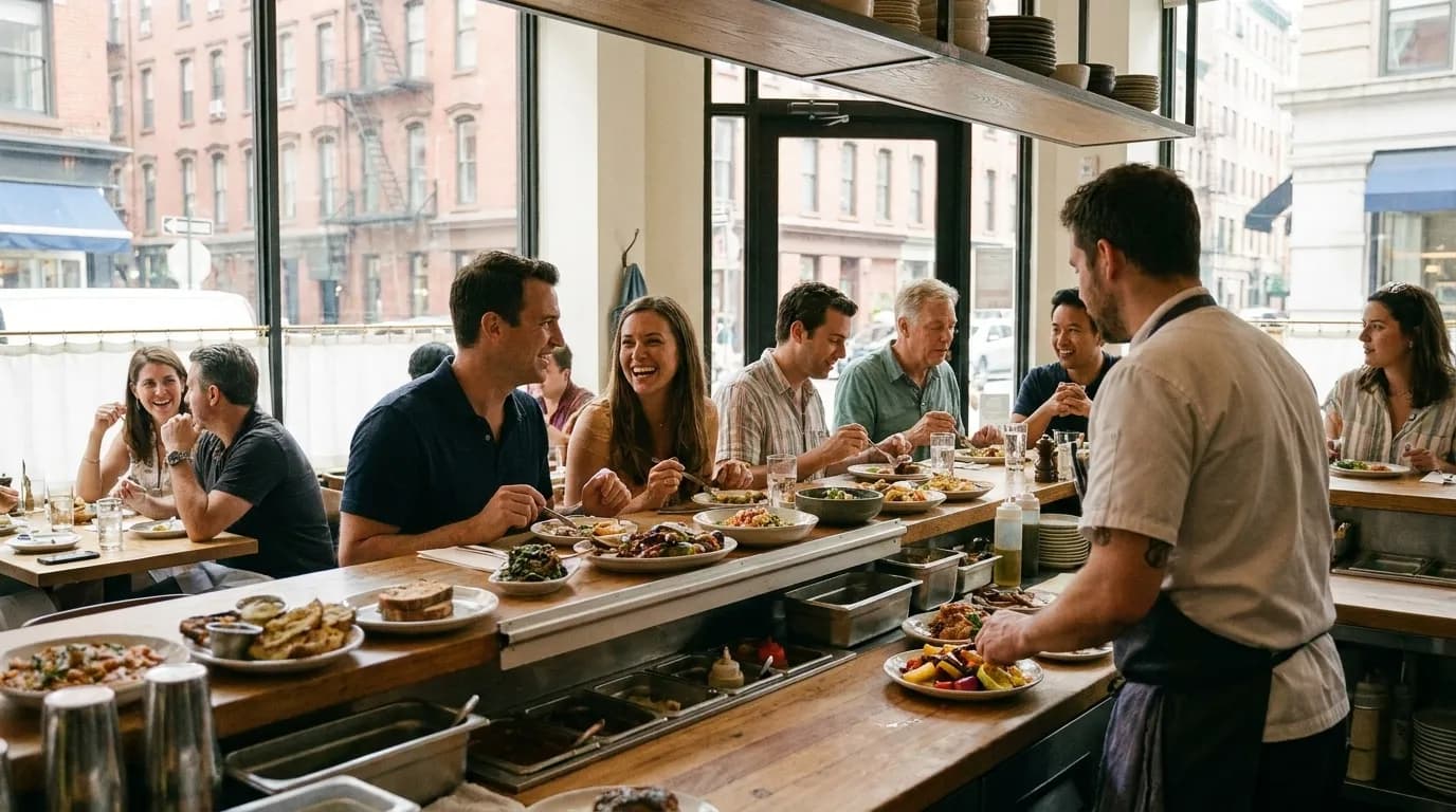 Realistic NYC scene for NYC's Culinary Canvas: Where Diverse Diets Meet, Inspired by Austin Hays