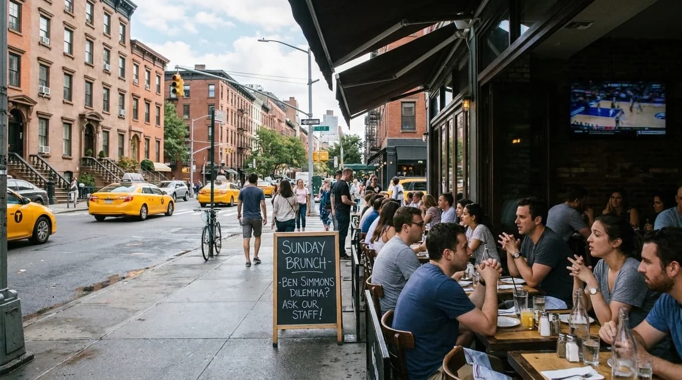 Realistic NYC scene for NYC's Sunday Dining Dilemma: Where to Eat When Ben Simmons is Trending?