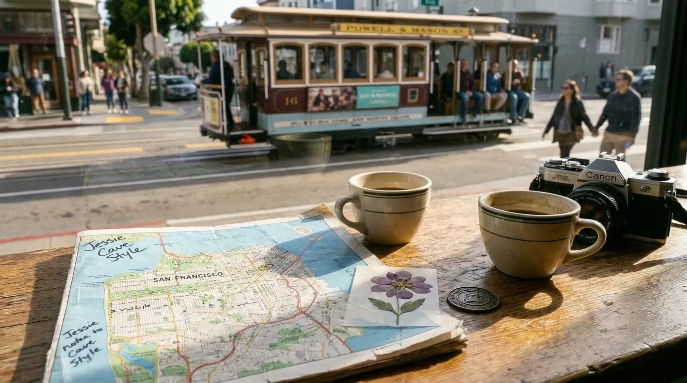 Realistic San Francisco scene for Beyond the Golden Gate: Uncovering San Francisco's Hidden Gems, Jessie Cave Style