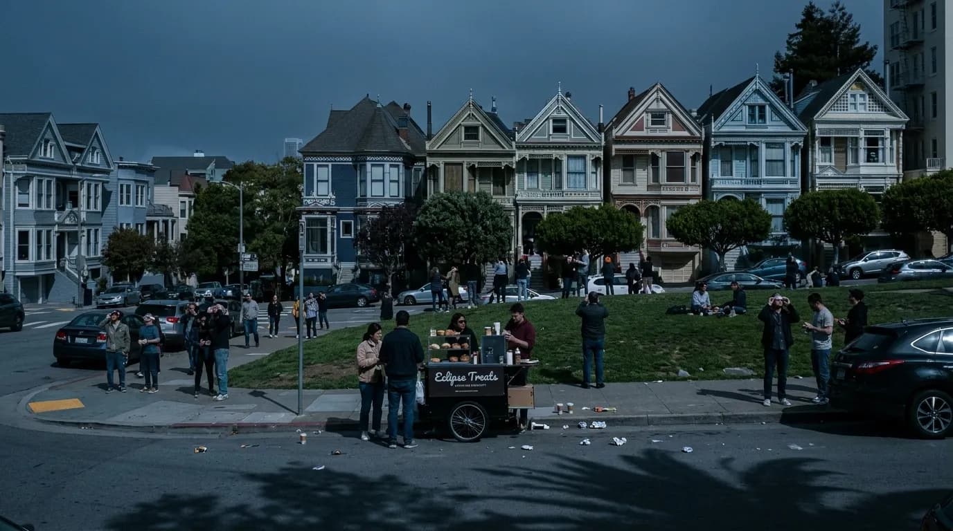 Realistic San Francisco scene for San Francisco's Sweet Spots: A Guide for Your Spontaneous Solar Eclipses Sunday