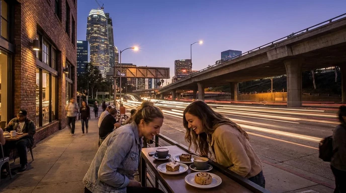 Realistic Los Angeles scene for Dairy-Free Delights: A Sandra Bullock-Inspired Los Angeles Dessert Decision Guide