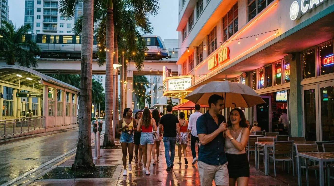 Realistic Miami scene for Miami Nights: Balancing Bills and Bliss on a Transit-Smart Bar Hop