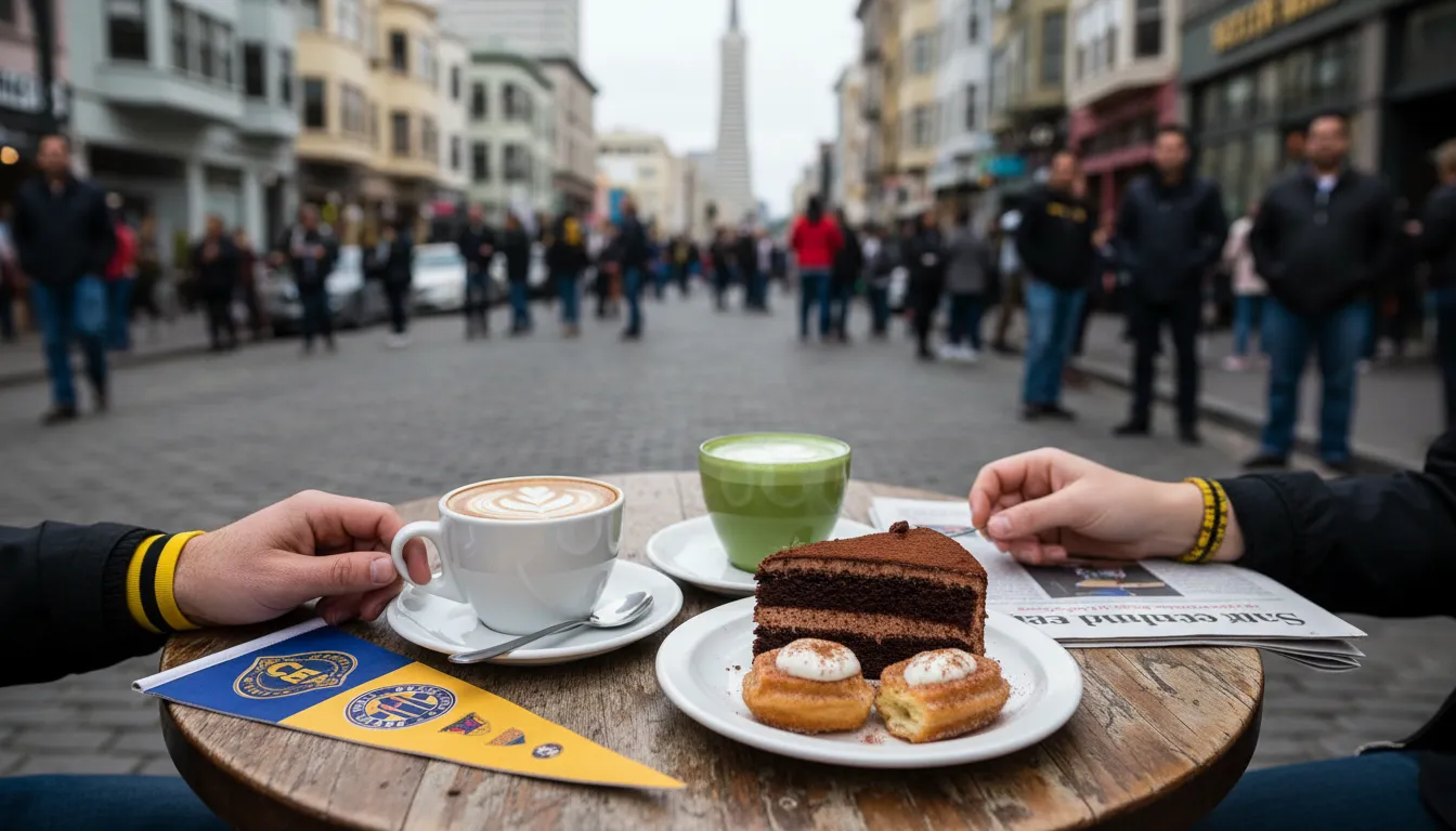 Coffee & Dessert Spots for Columbus Crew - Pumas Fans in San Francisco — photorealistic San Francisco editorial scene