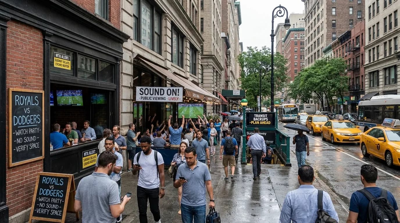 Royals vs Dodgers: NYC Watch Options With Transit Backups — photorealistic New York City editorial scene