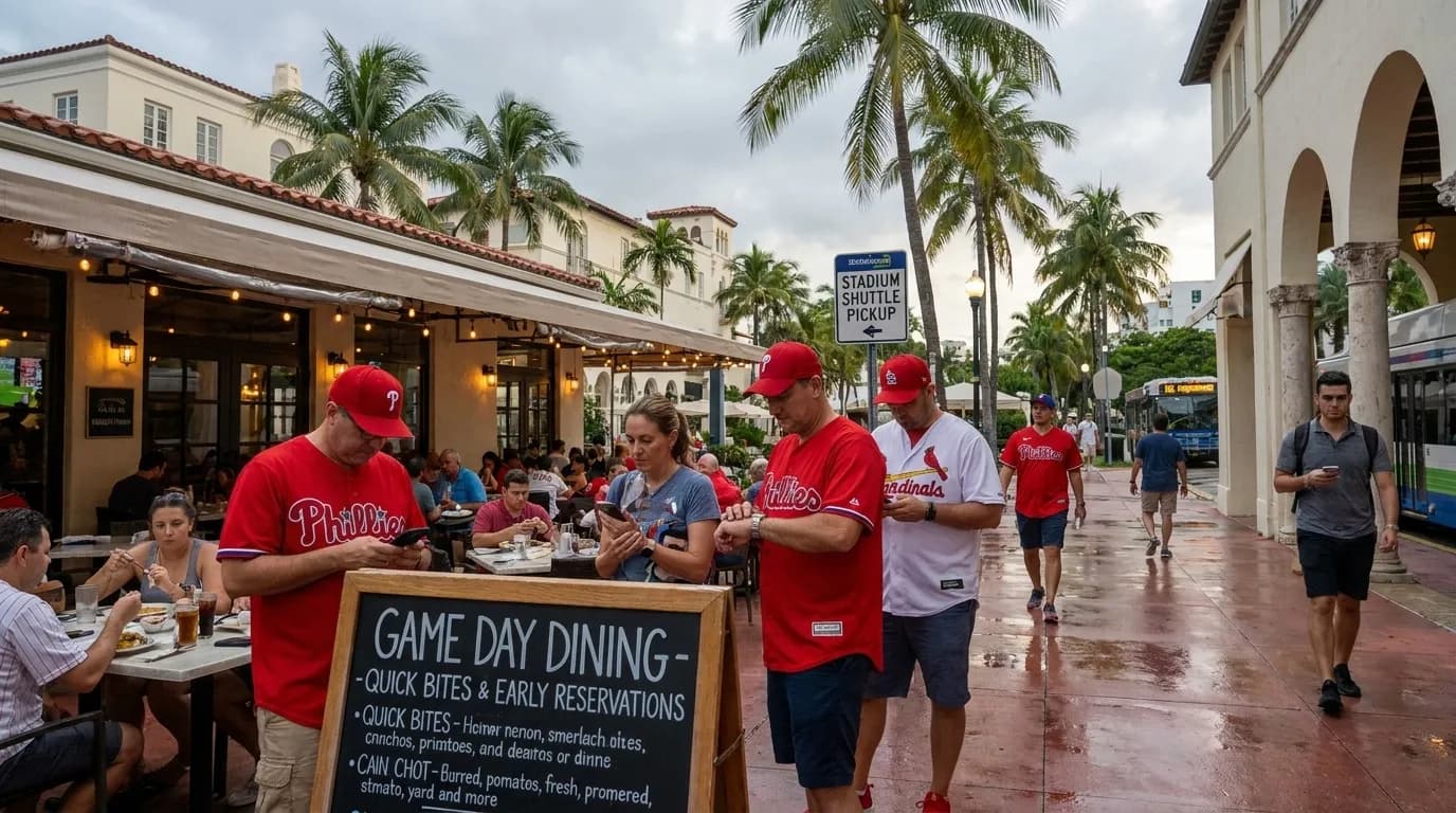 Phillies vs Cardinals: Miami Dinner Timing Before First Pitch — photorealistic Miami editorial scene