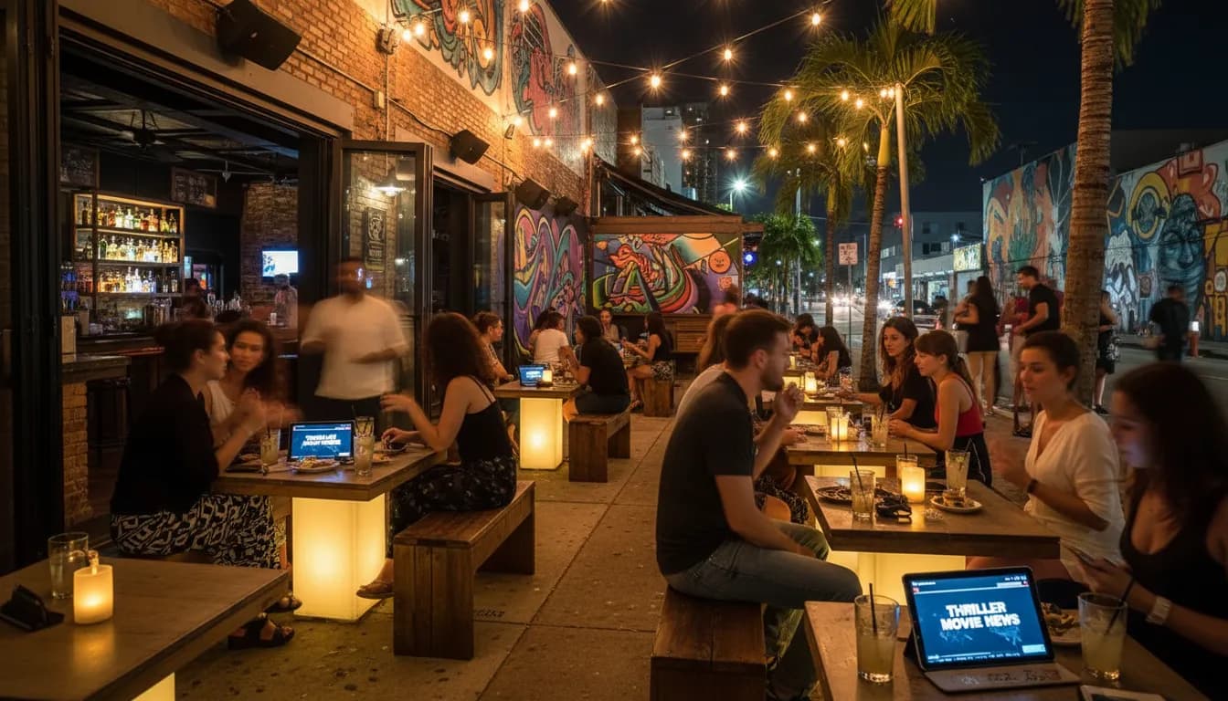 Miami Nights Out: Where to Discuss the Latest Thrillers Like 'verity trailer' — photorealistic Miami editorial scene