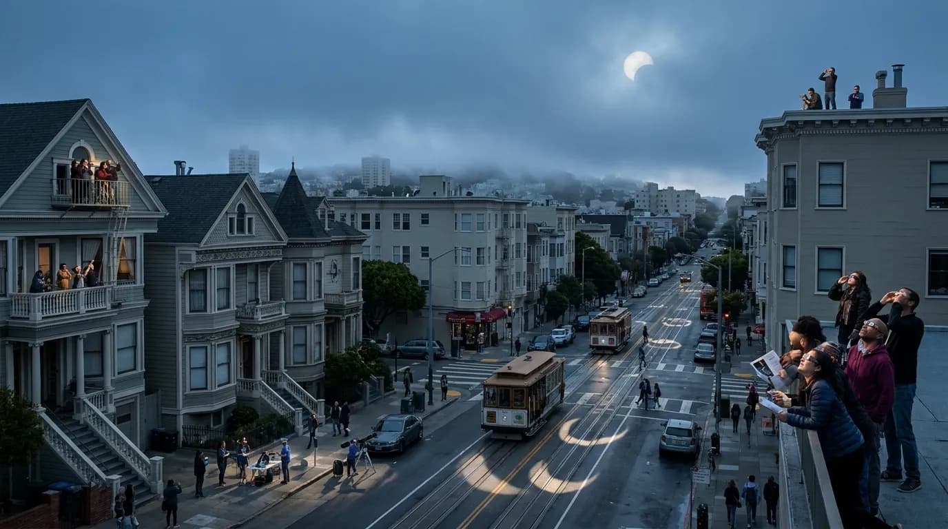 Practical city scene for Solar Eclipse 2026: San Francisco Neighborhood Viewing Prep