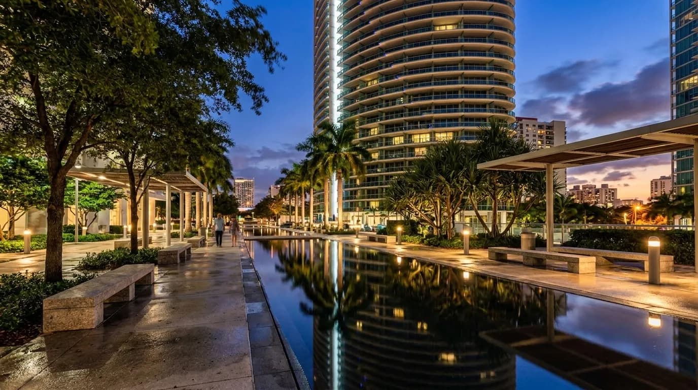 Reflecting Pool: Miami Quiet Public Spaces Worth a Detour — photorealistic Miami editorial scene