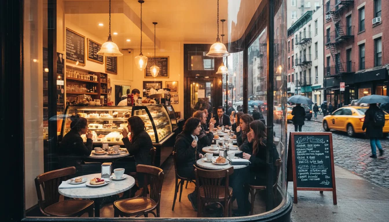 New York City Cafes to Discuss Caitlin Clark 8th Technical WNBA Season News — photorealistic New York City editorial scene