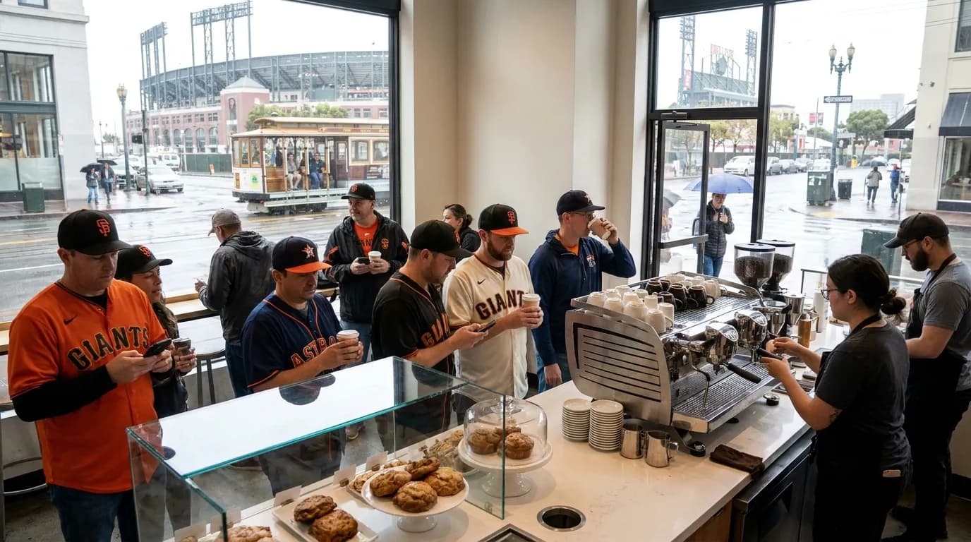 Astros vs Giants: San Francisco Coffee Stops Before Game Time — photorealistic San Francisco editorial scene