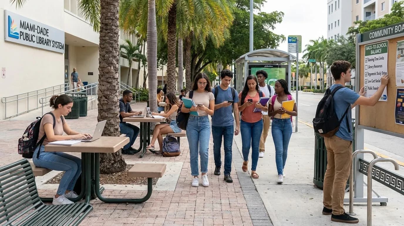 Elder Scrolls 6: Miami Back-to-School Gaming Balance Checklist — photorealistic Miami editorial scene