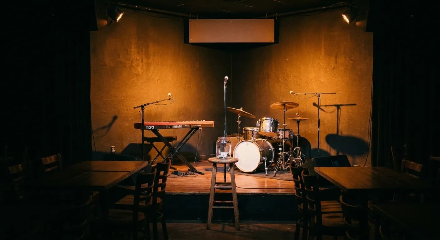 A band setup on a small bar stage in warm light, keyboard, drum kit and two mic stands, no crowd yet