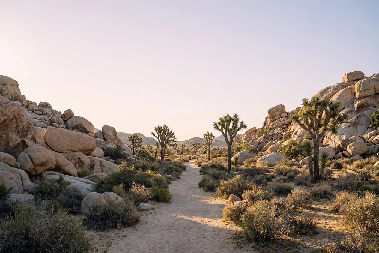 A desert trail winding between granite boulders and Joshua trees under a wide pale sky