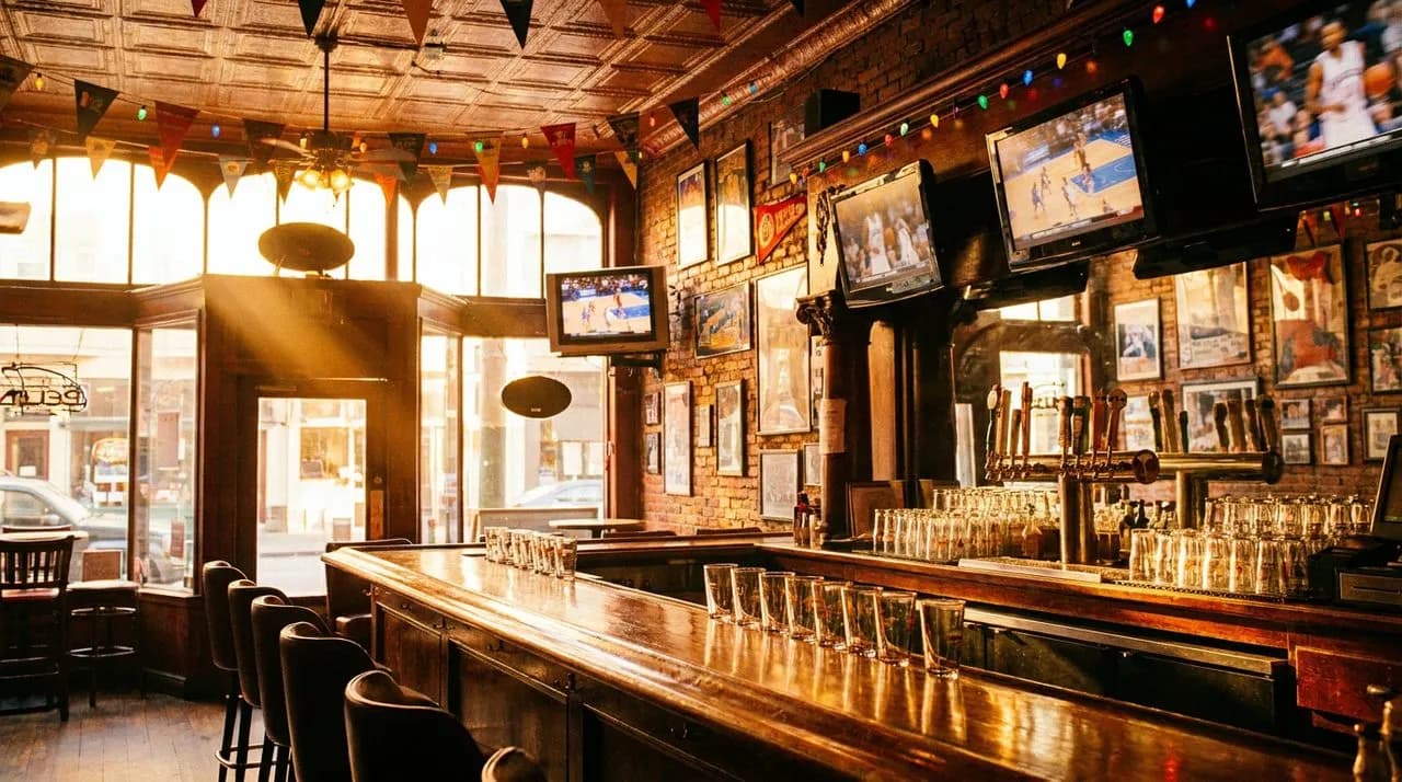 Bright Mission District sports bar interior with warm golden light, polished bar counter, and mounted TVs glowing with basketball footage.