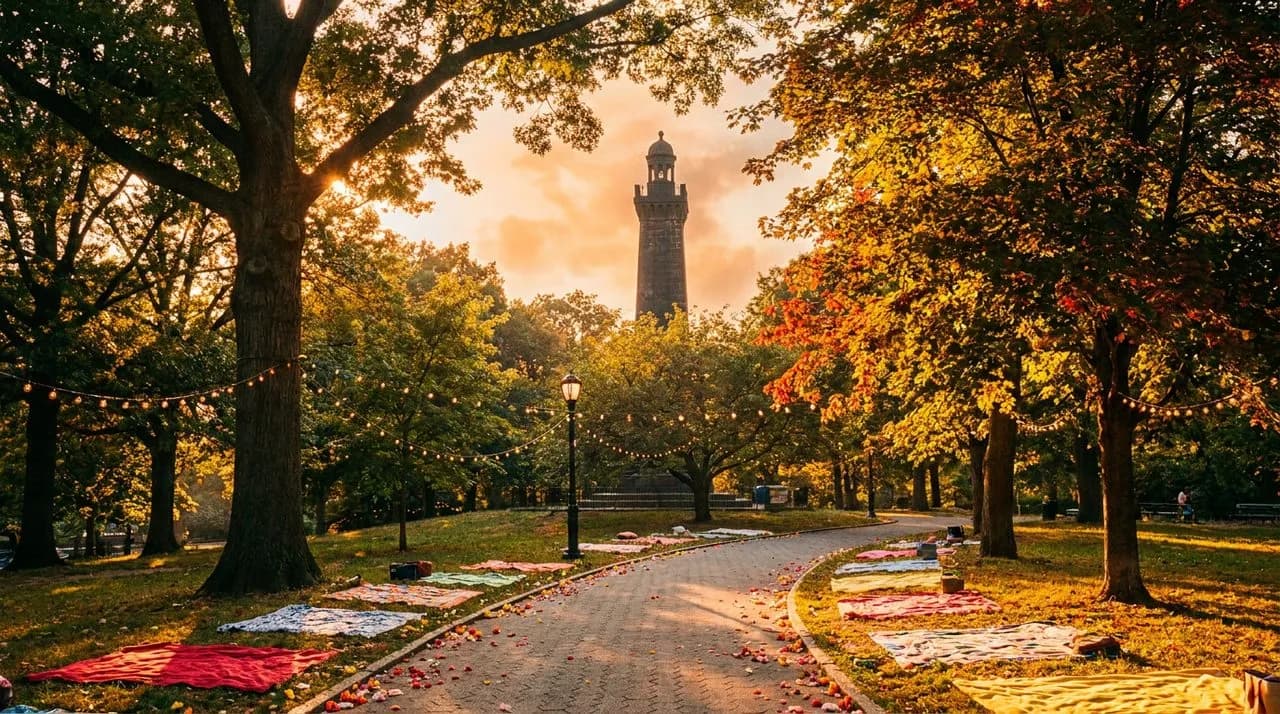 Fort Greene Park at golden hour with mature trees, the illuminated monument silhouetted, and a paved pedestrian path winding through the canopy.
