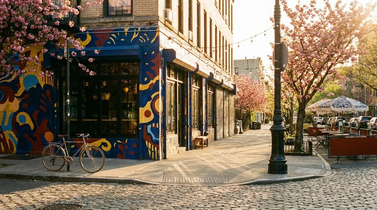 Williamsburg Bedford Avenue corner at late afternoon with a colorful listening bar storefront, wide sidewalk, blossoming street trees, and warm saturated light.