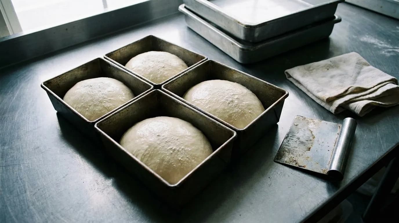 A tray of proofed dough balls at a bakery counter