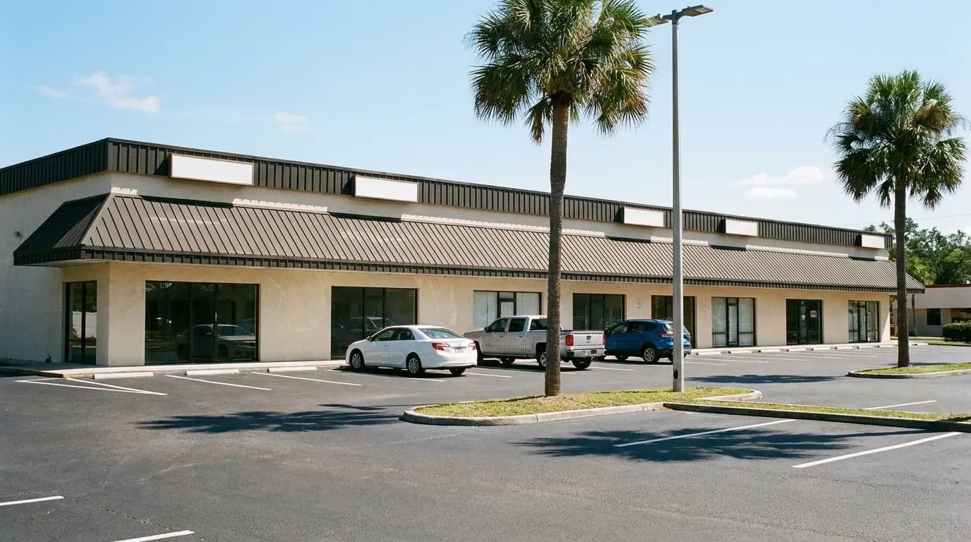 A suburban shopping plaza with storefronts and parking