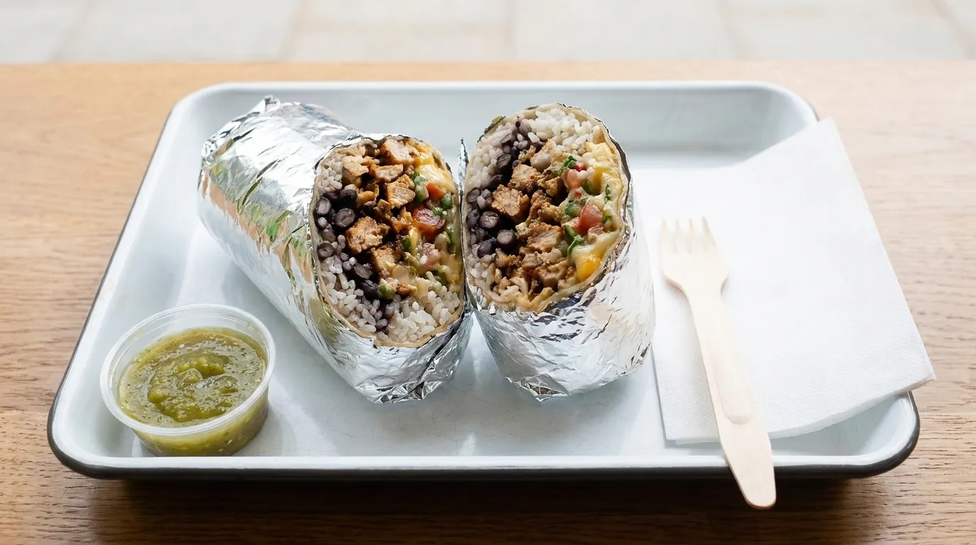 A foil-wrapped burrito cut open on a tray