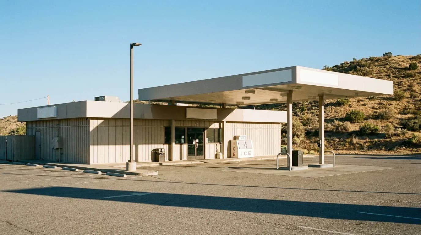 A roadside building with a canopy and parking