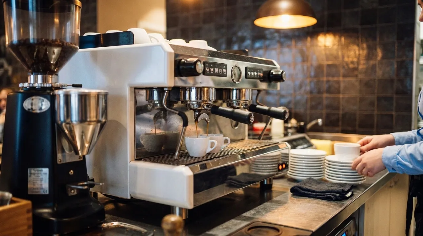 A cafe counter with an espresso machine and cups mid-service