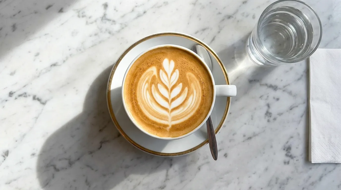 A flat white with latte art on a marble counter