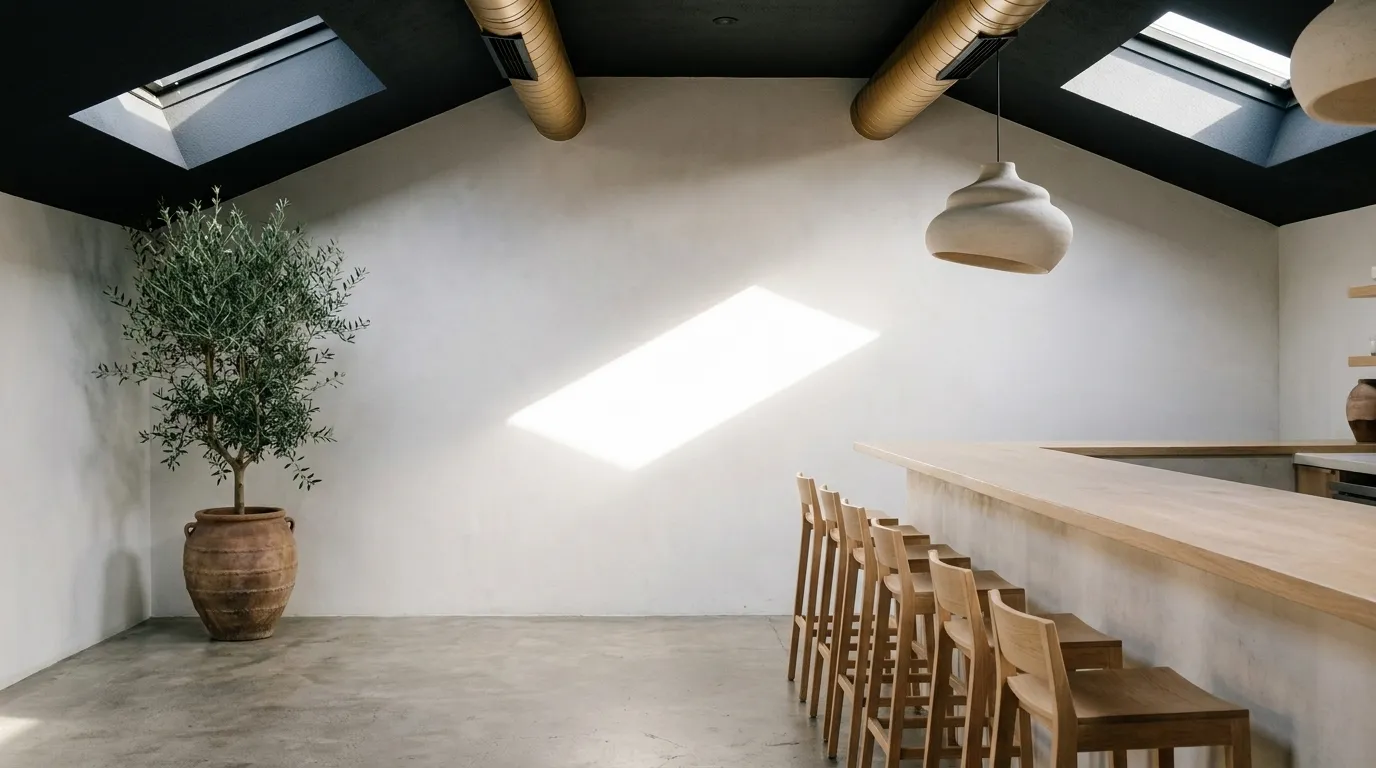 A minimal coffee bar interior in pale plaster and light oak