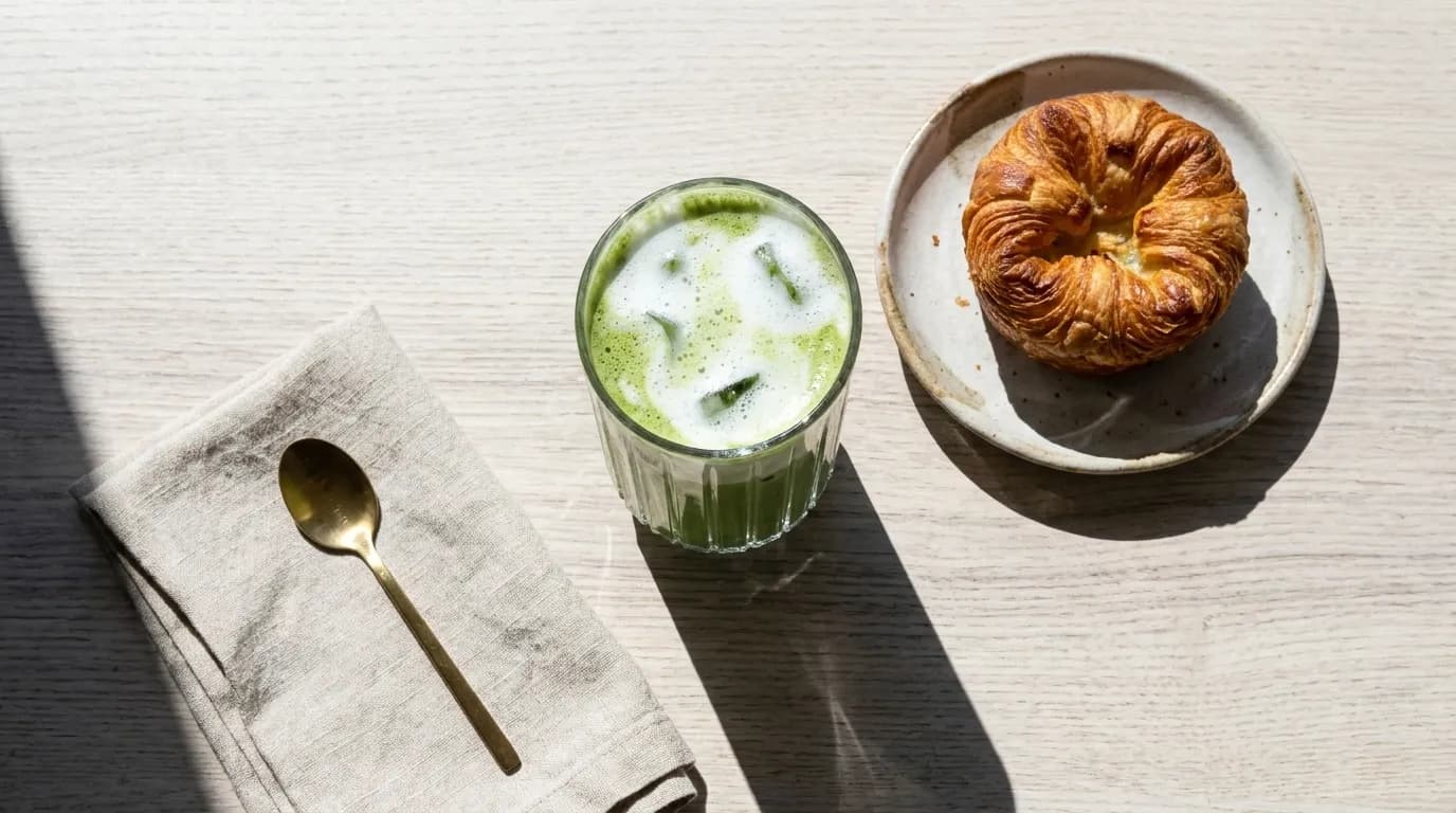 A matcha latte and a pastry on a pale table in hard midday light