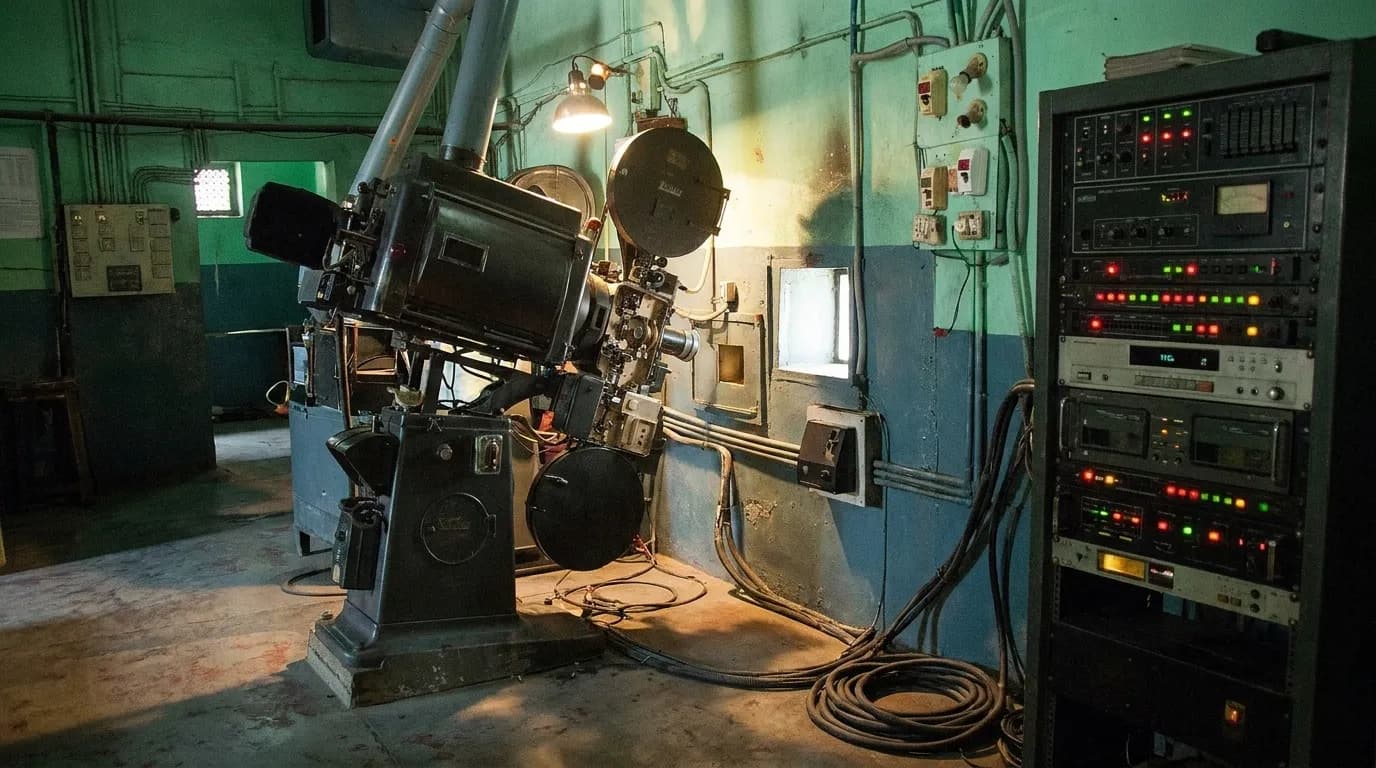 A cinema projection booth with a projector aimed at a port window