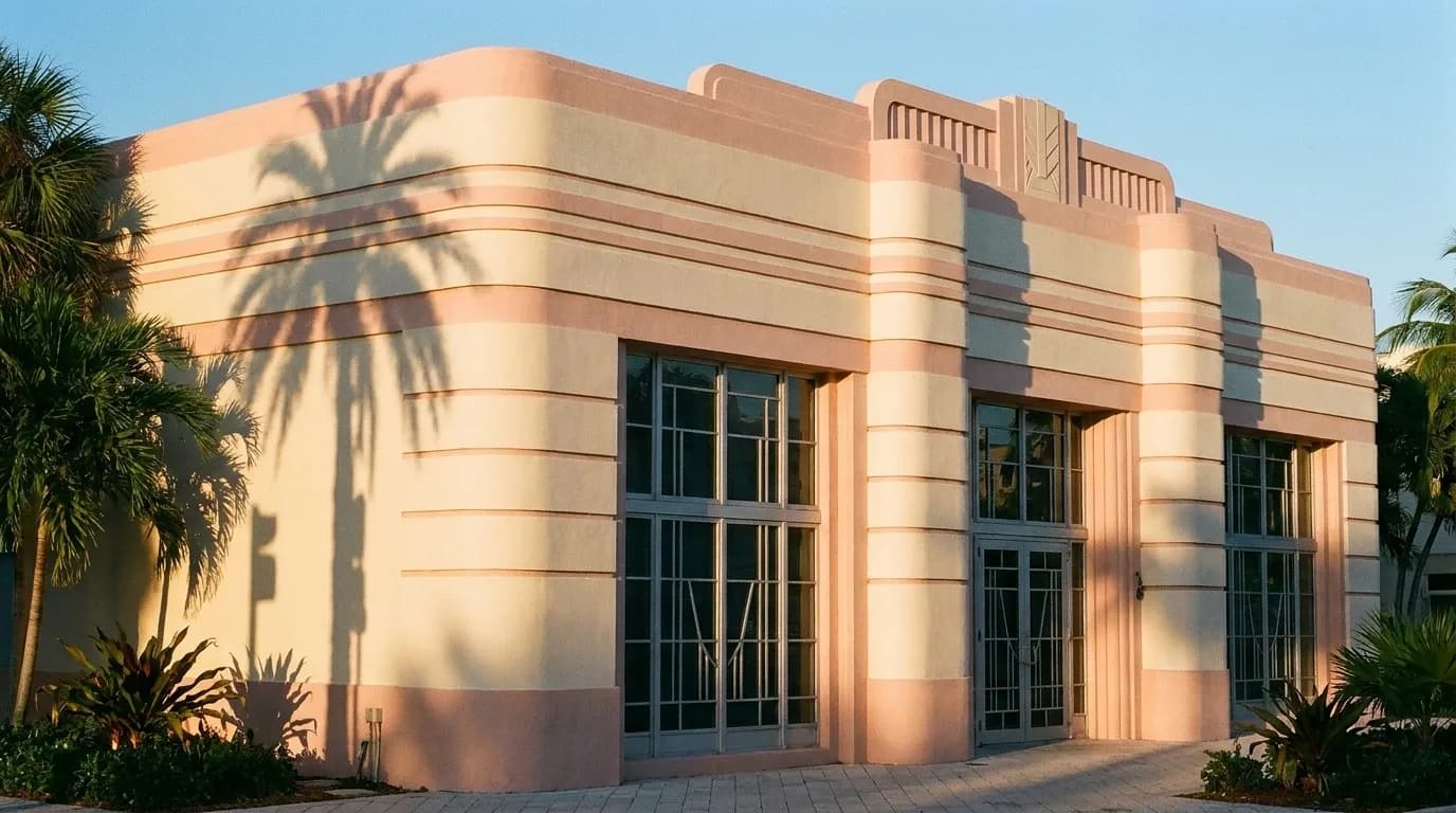 An Art Deco building facade in Miami in afternoon light
