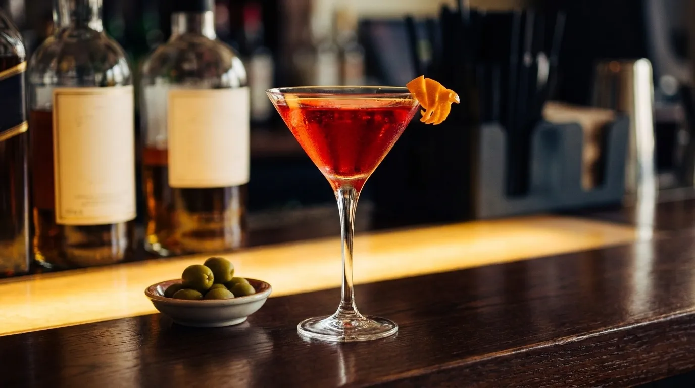 A cocktail glass on a bar counter