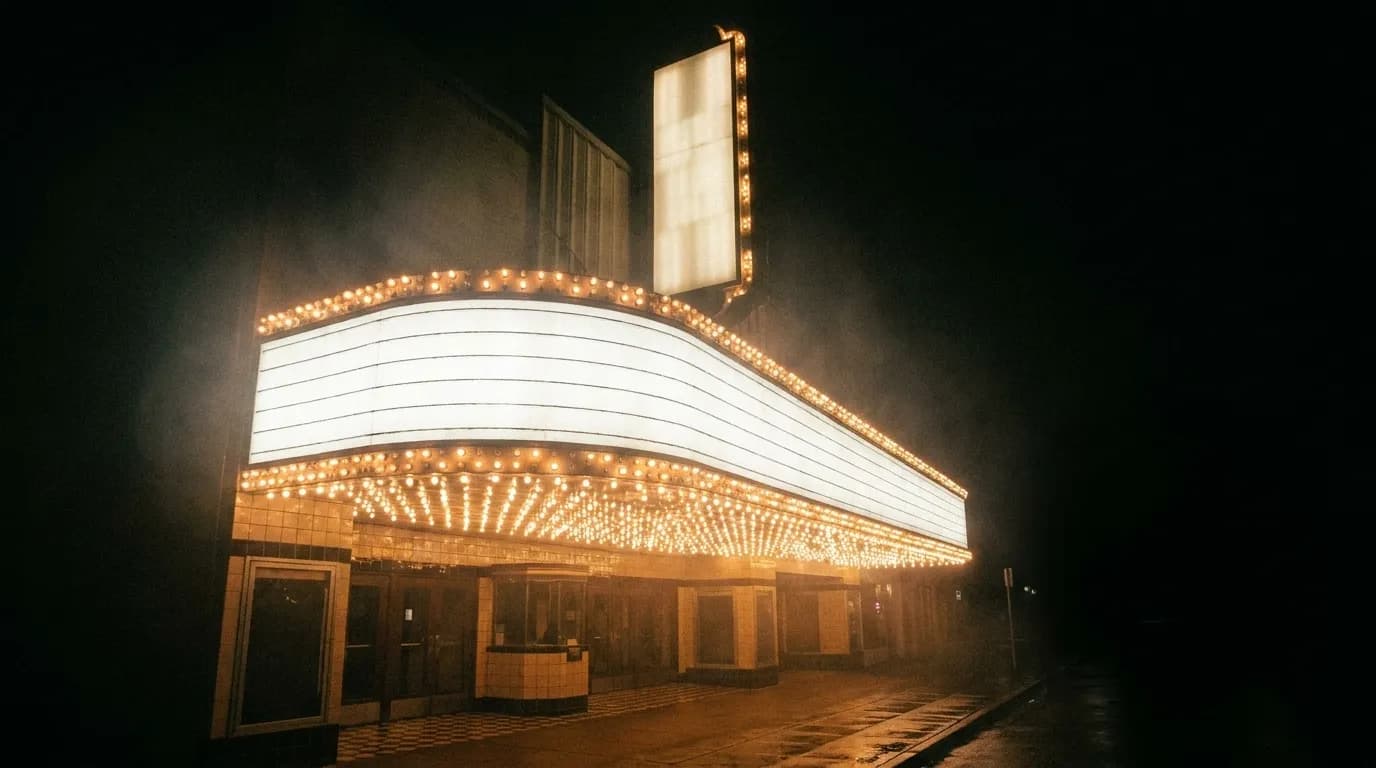 A cinema marquee lit at night
