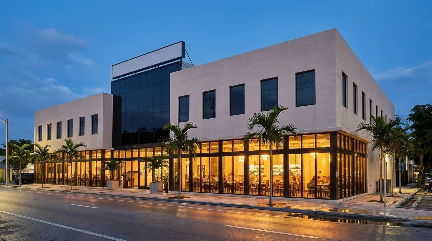 A modern building exterior in Miami with a restaurant at street level