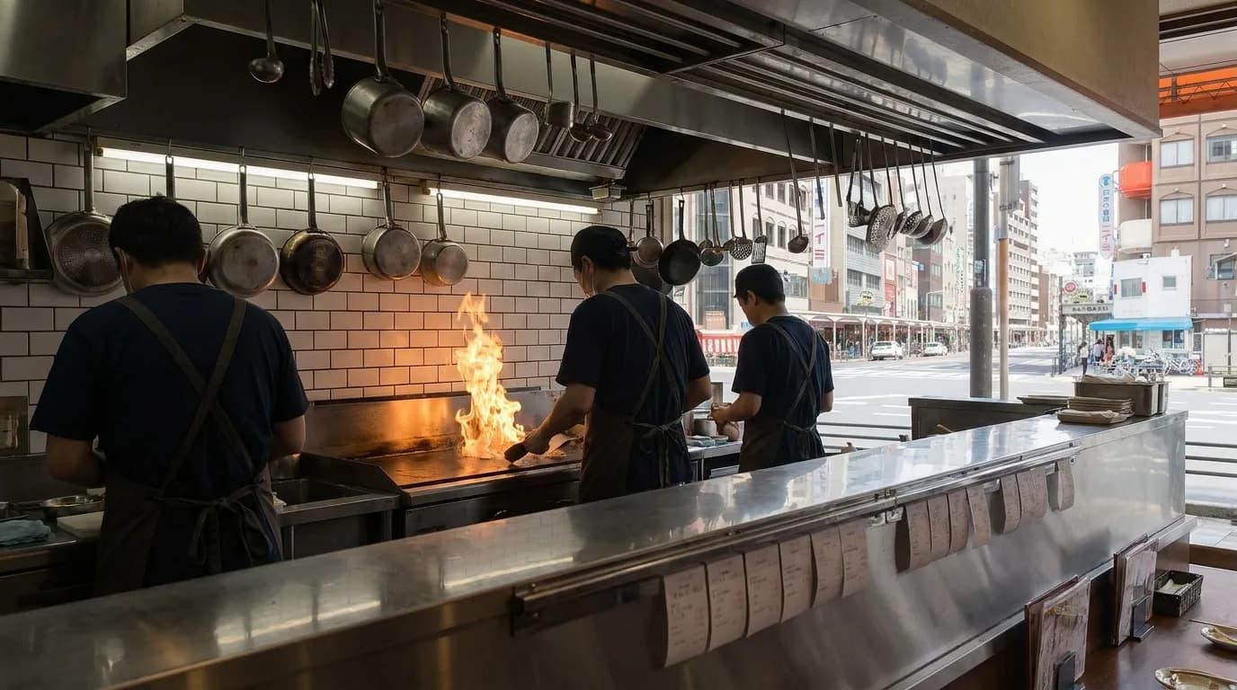 An open restaurant kitchen with chefs working at the pass