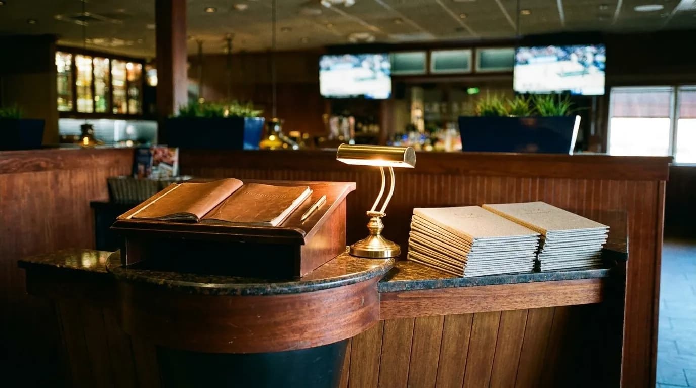 A restaurant host stand with a reservation book and a lamp