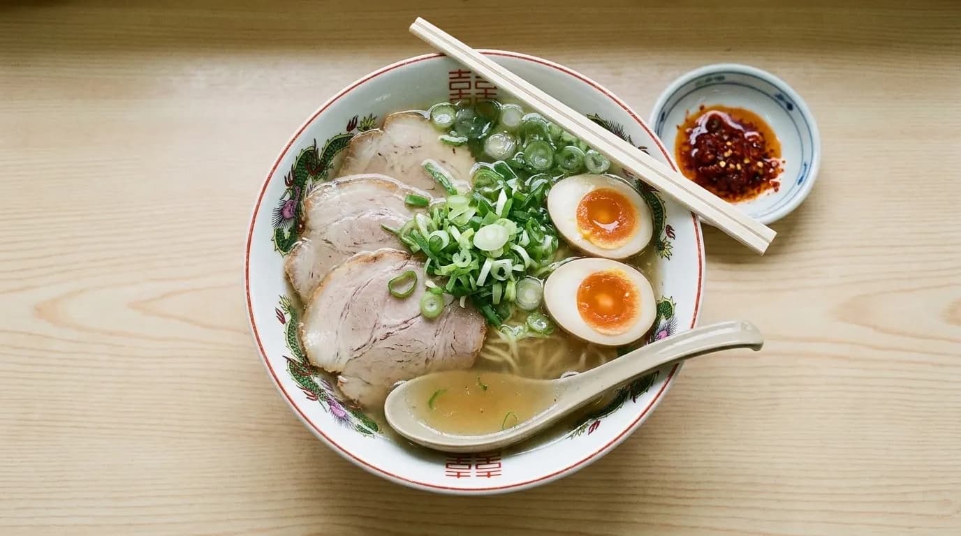 A bowl of noodle soup with chopsticks resting on the rim