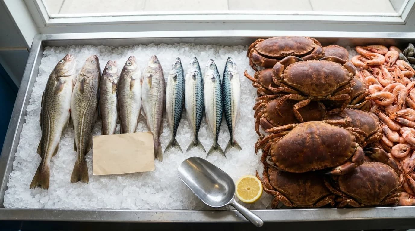 A fish market counter with whole fish and shellfish on ice