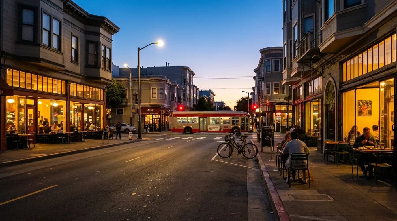 A San Francisco street in the evening with lit restaurant windows