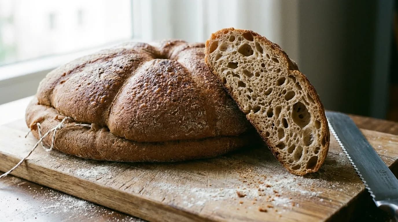 A round sourdough loaf on a board with one thick slice cut