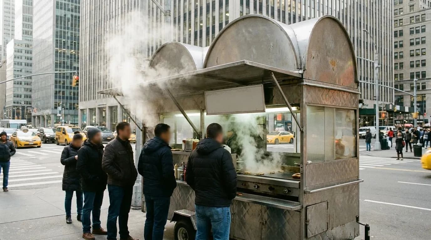 A queue of customers at a street food cart in New York